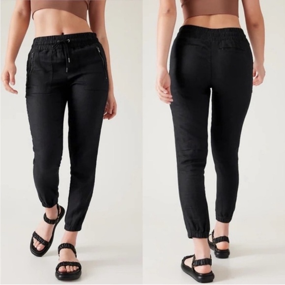 Athleta Cabo Linen Joggers Black Elastic Waist Zipper Pocket Drawstring 2 Petite - Picture 1 of 8